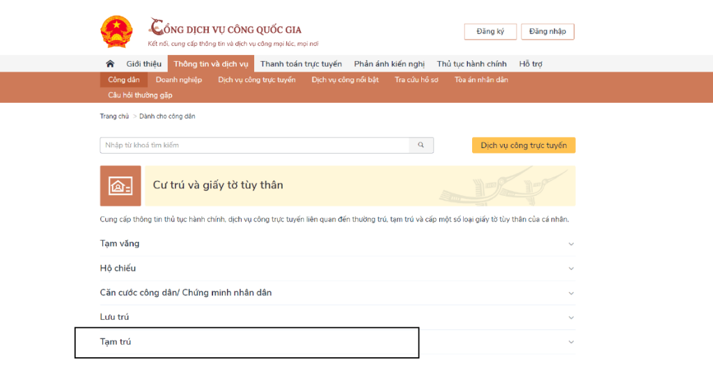 Chọn mục đăng ký tạm trú online